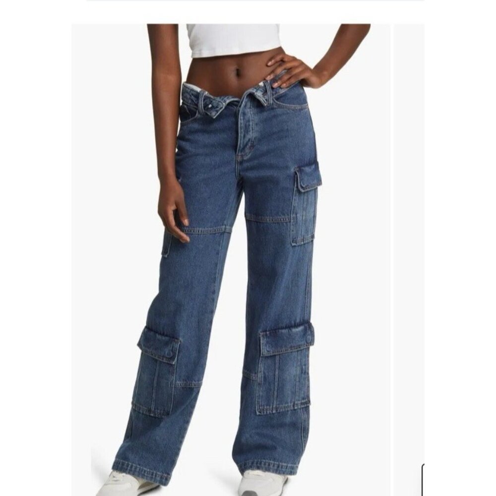 PTCL Foldover Waist Wide Leg Cargo Jeans Denim Y2K Streetwear Size 26